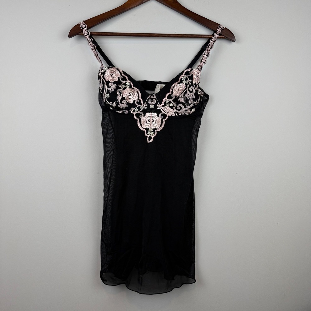 Y2K Babydoll Floral Embroidery Sheer Mesh 34B Chemise Coquette Romantic Boudoir - Picture 2 of 10